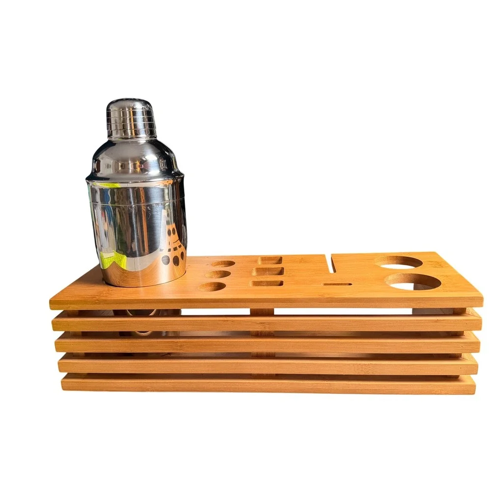 Bamboo Bar Tool Organizer Stand Brown Cocktail Shaker Bartender Hosting Decor